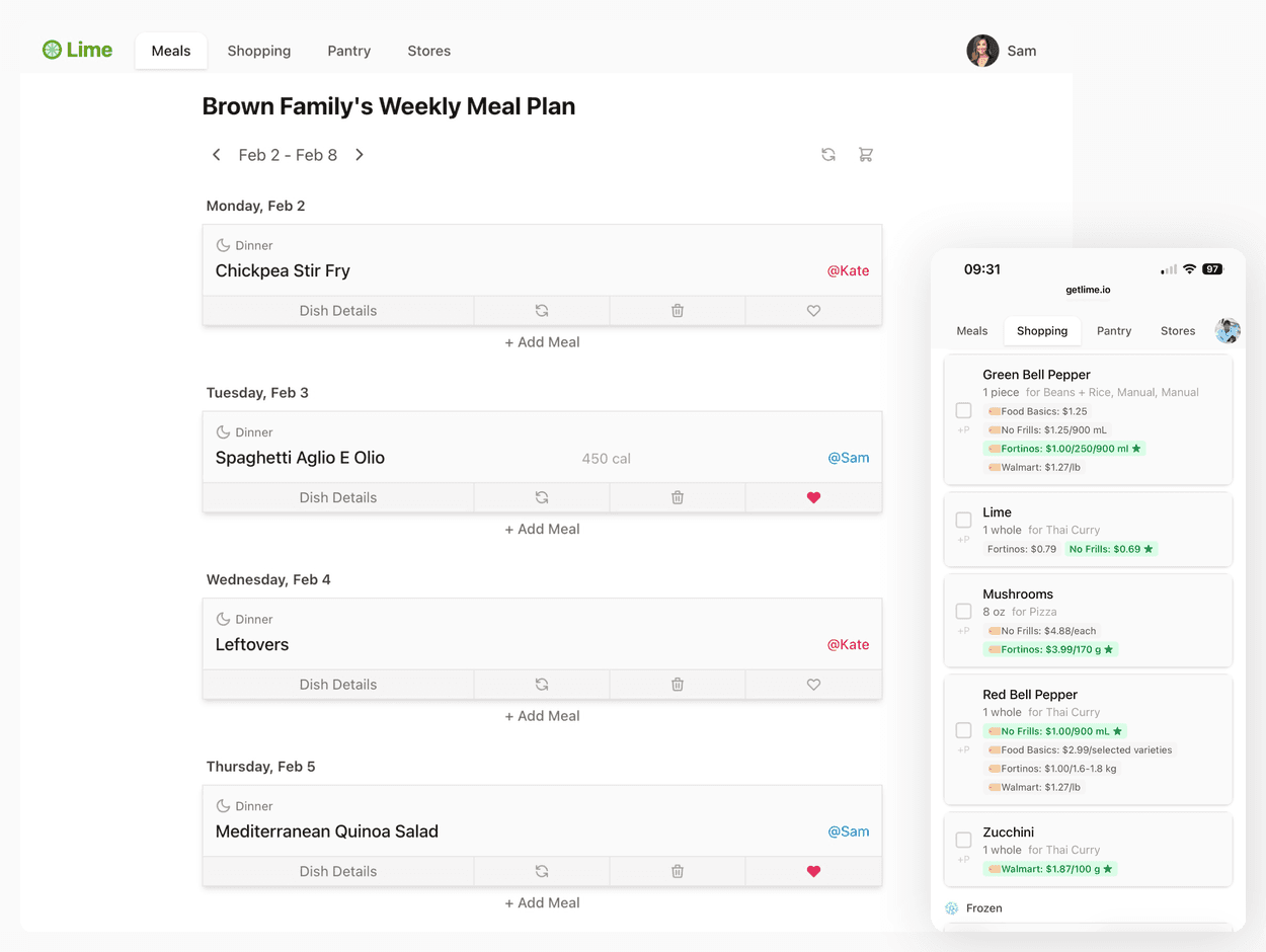Lime meal planning app on desktop and mobile